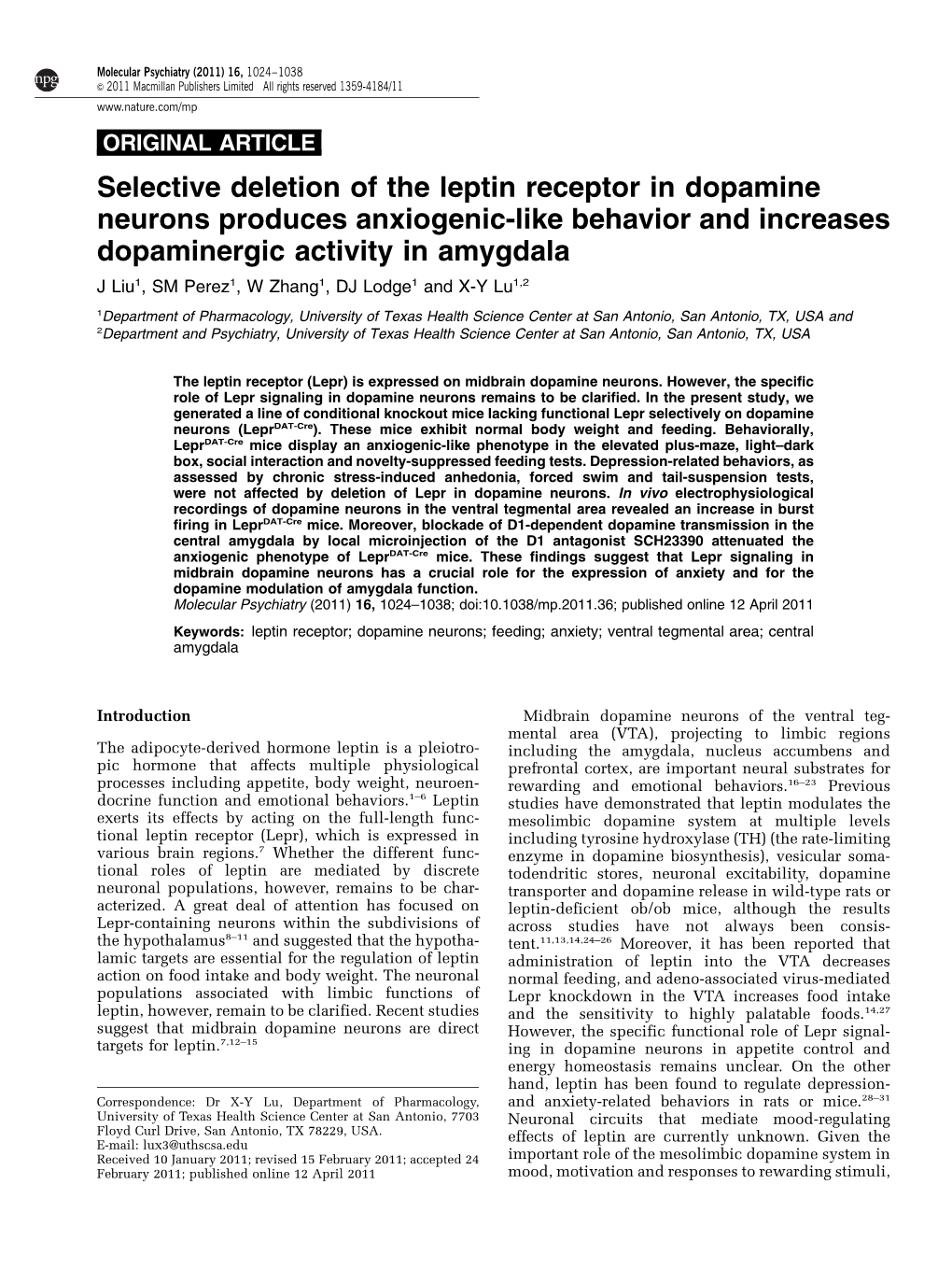 Selective Deletion of the Leptin Receptor in Dopamine Neurons