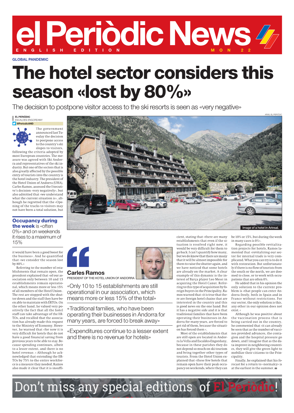 The Hotel Sector Considers This Season «Lost by 80%» the Decision to Postpone Visitor Access to the Ski Resorts Is Seen As «Very Negative»