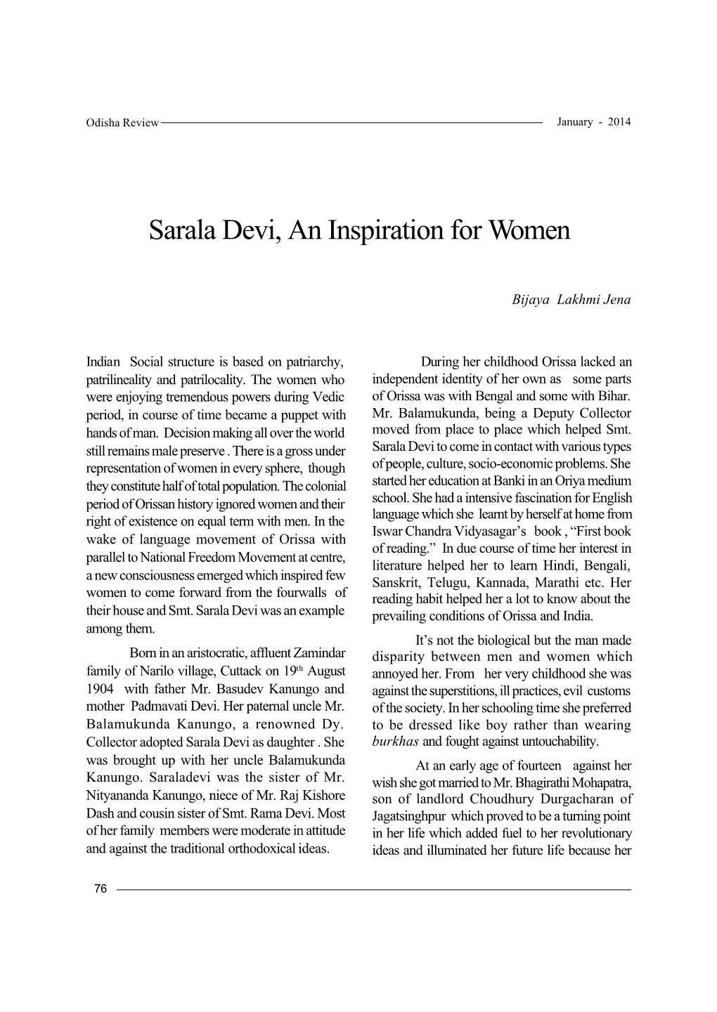 Sarala Devi, an Inspiration for Women