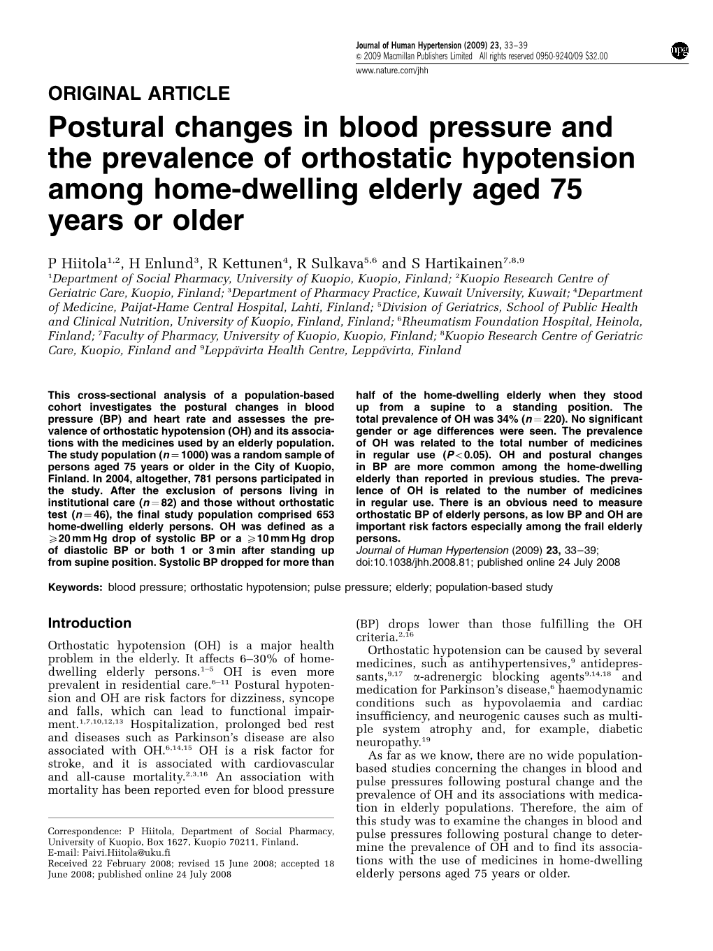 Postural Changes in Blood Pressure and the Prevalence of Orthostatic Hypotension Among Home-Dwelling Elderly Aged 75 Years Or Older