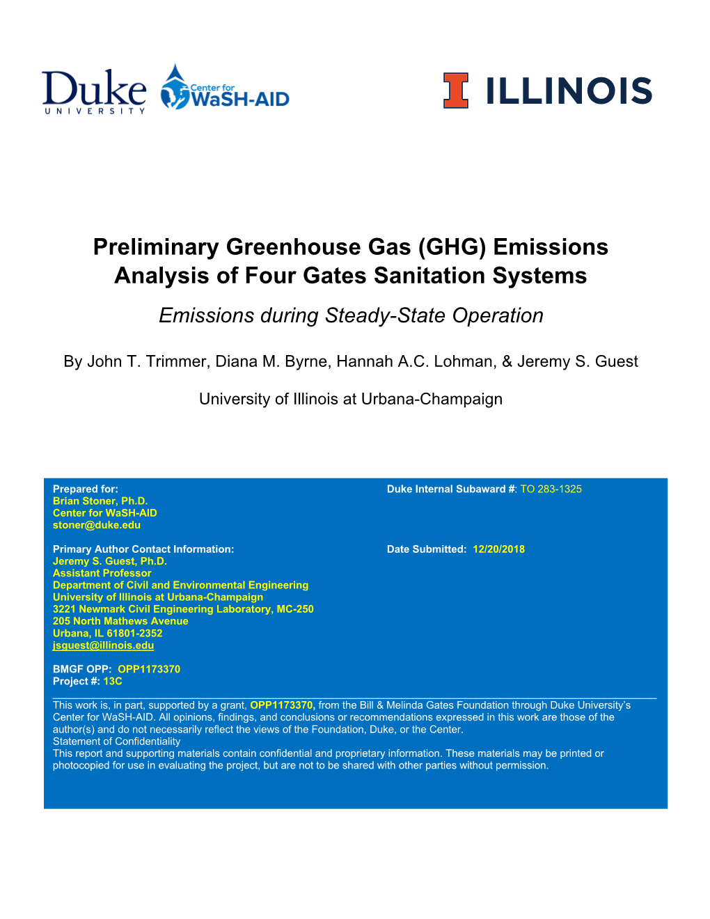 Preliminary Greenhouse Gas (GHG) Emissions Analysis of Four Gates Sanitation Systems Emissions During Steady-State Operation