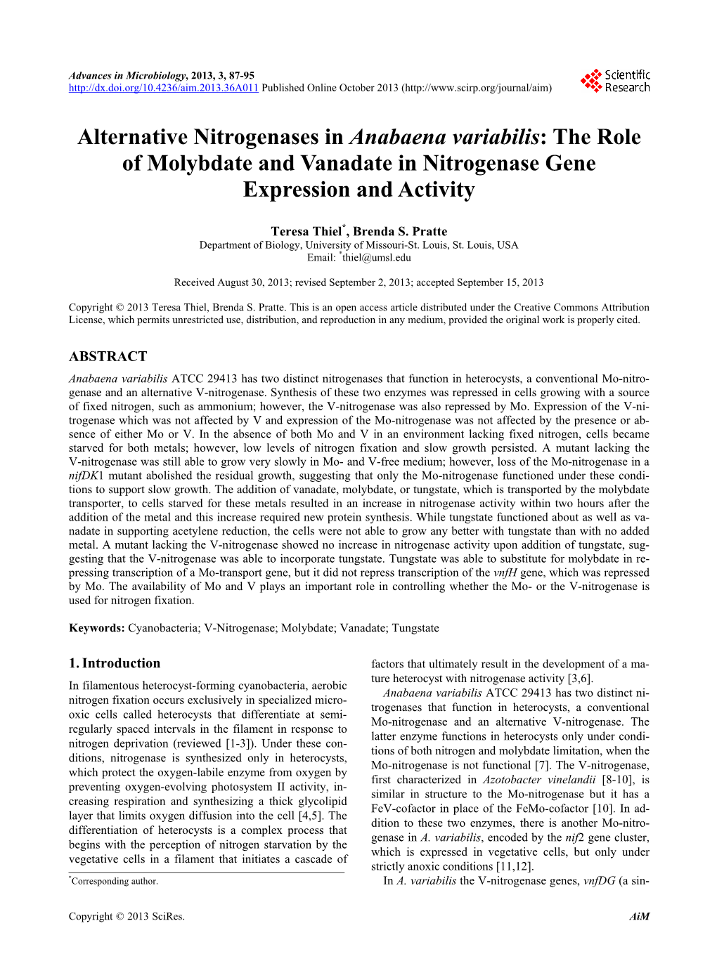 Alternative Nitrogenases in Anabaena Variabilis: the Role of Molybdate and Vanadate in Nitrogenase Gene Expression and Activity