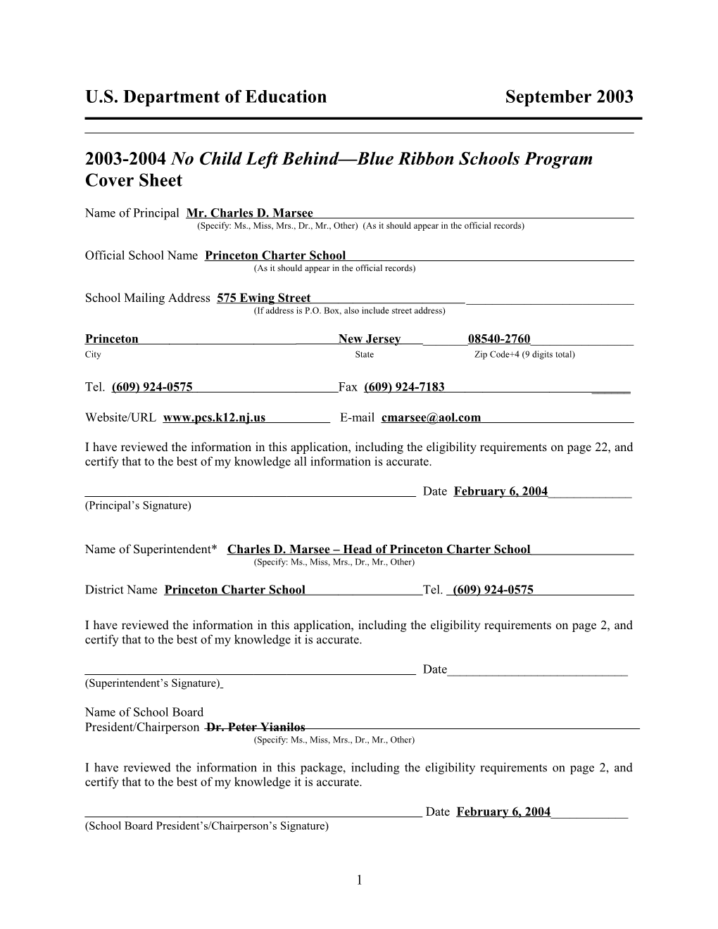 Princeton Charter School 2004 No Child Left Behind-Blue Ribbon School Application (Msword)