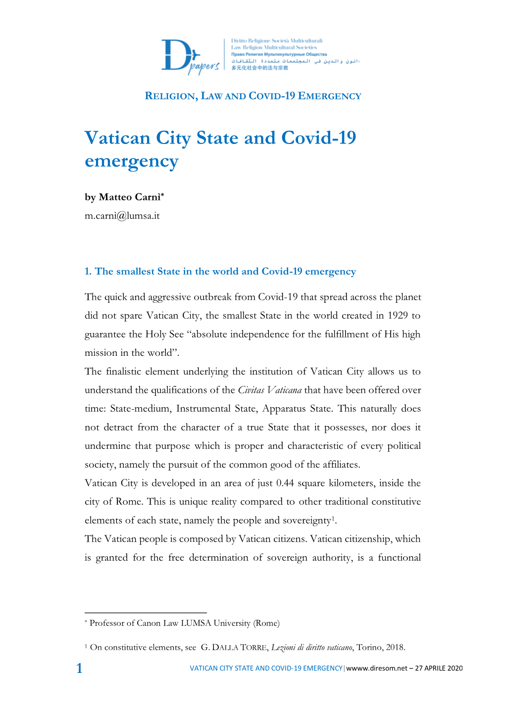 VATICAN CITY STATE and COVID-19 EMERGENCY|W – 27 APRILE 2020