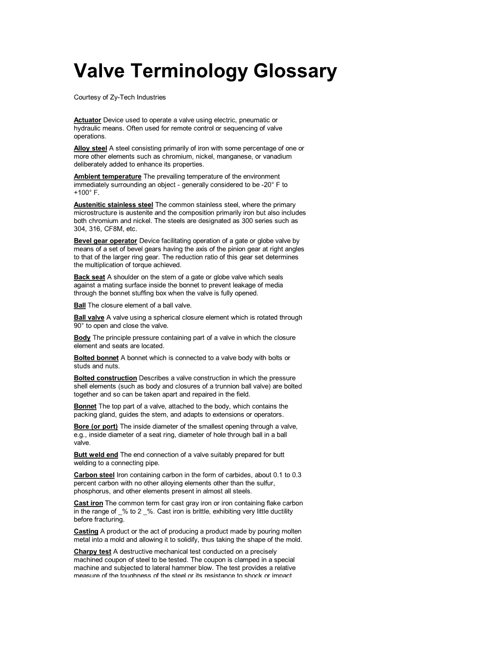 Valve Terminology Glossary