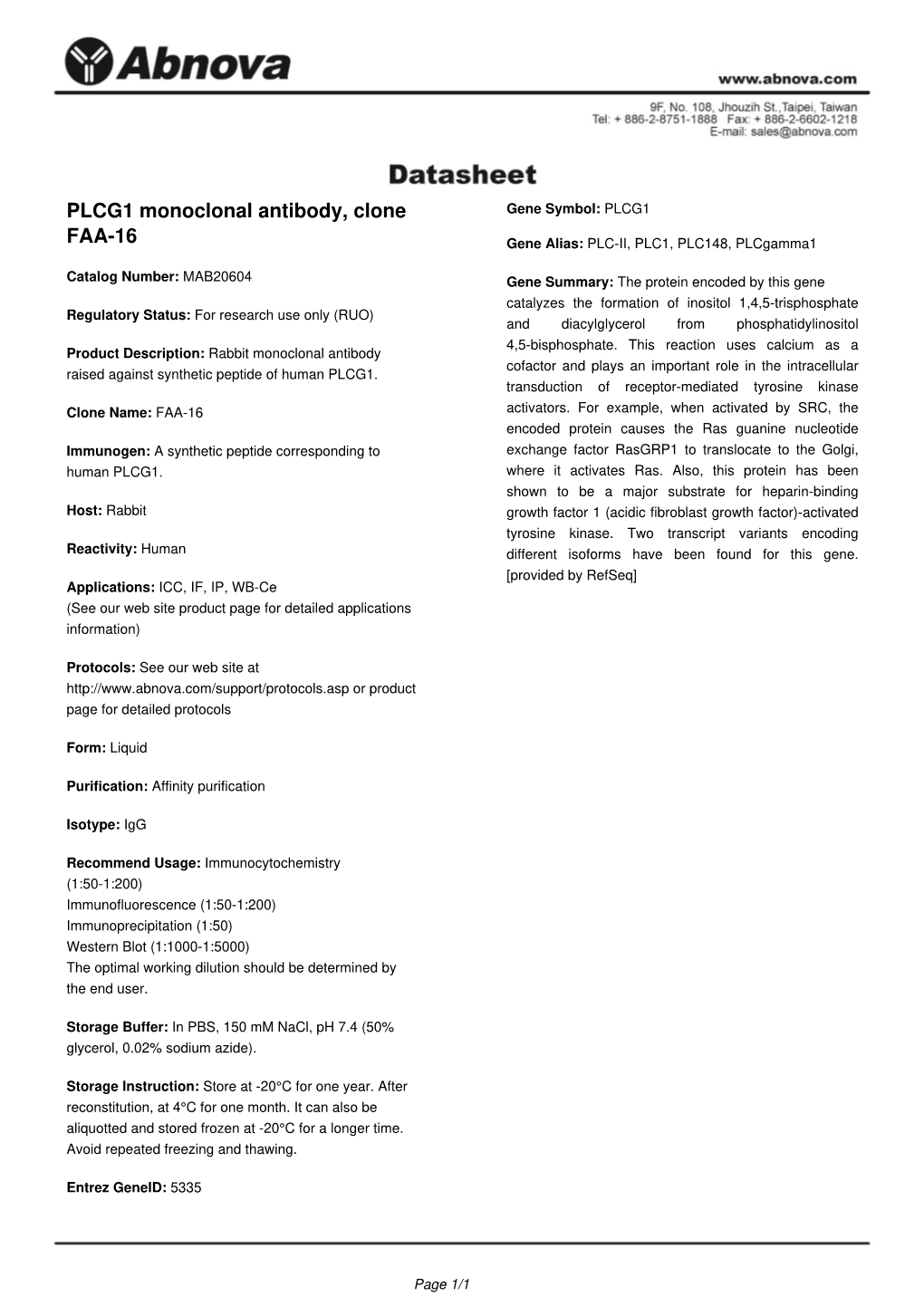 PLCG1 Monoclonal Antibody, Clone FAA-16