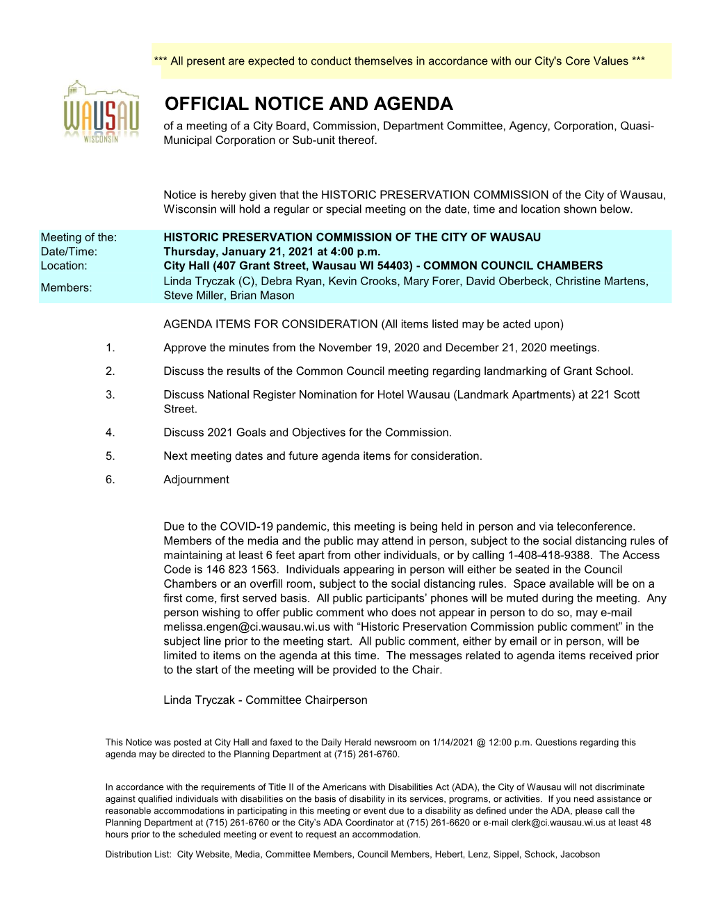 OFFICIAL NOTICE and AGENDA of a Meeting of a City Board, Commission, Department Committee, Agency, Corporation, Quasi- Municipal Corporation Or Sub-Unit Thereof