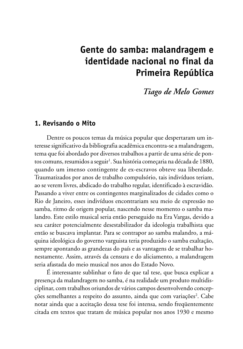 Gente Do Samba: Malandragem E Identidade Nacional No Final Da Primeira República