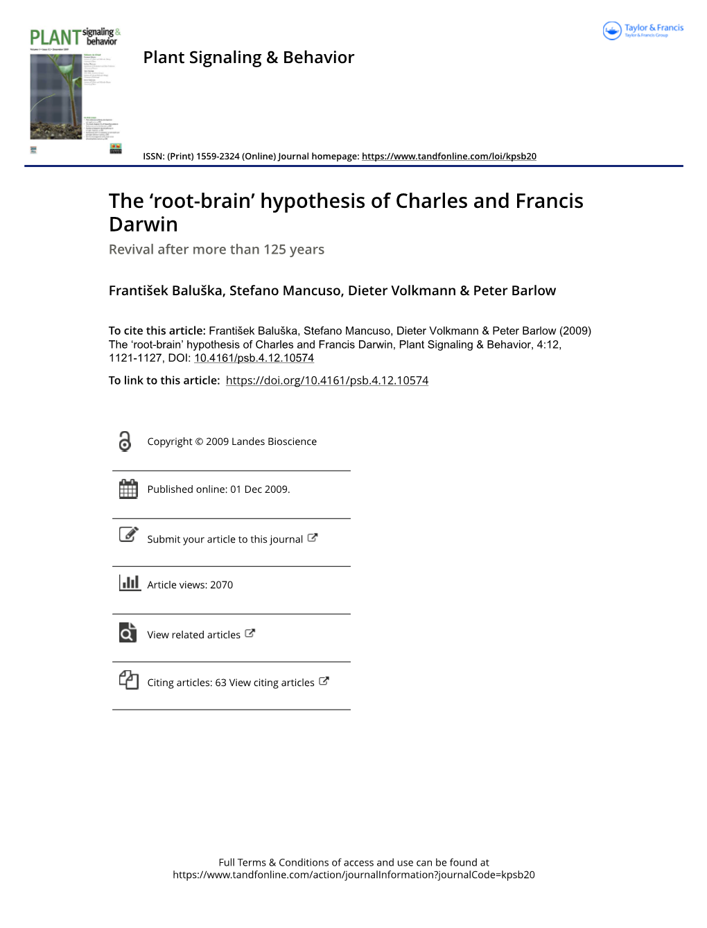 The 'Root-Brain' Hypothesis of Charles and Francis Darwin