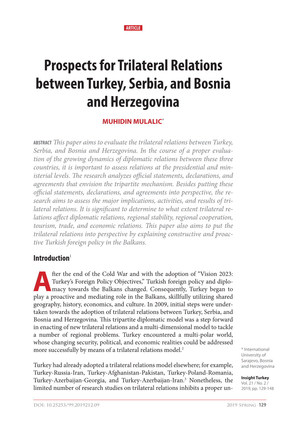 Prospects for Trilateral Relations Between Turkey, Serbia, and Bosnia and Herzegovina