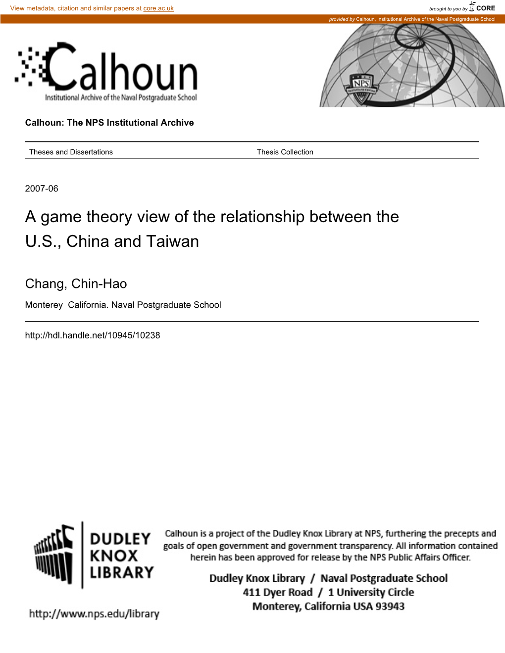 A Game Theory View of the Relationship Between the U.S., China and Taiwan