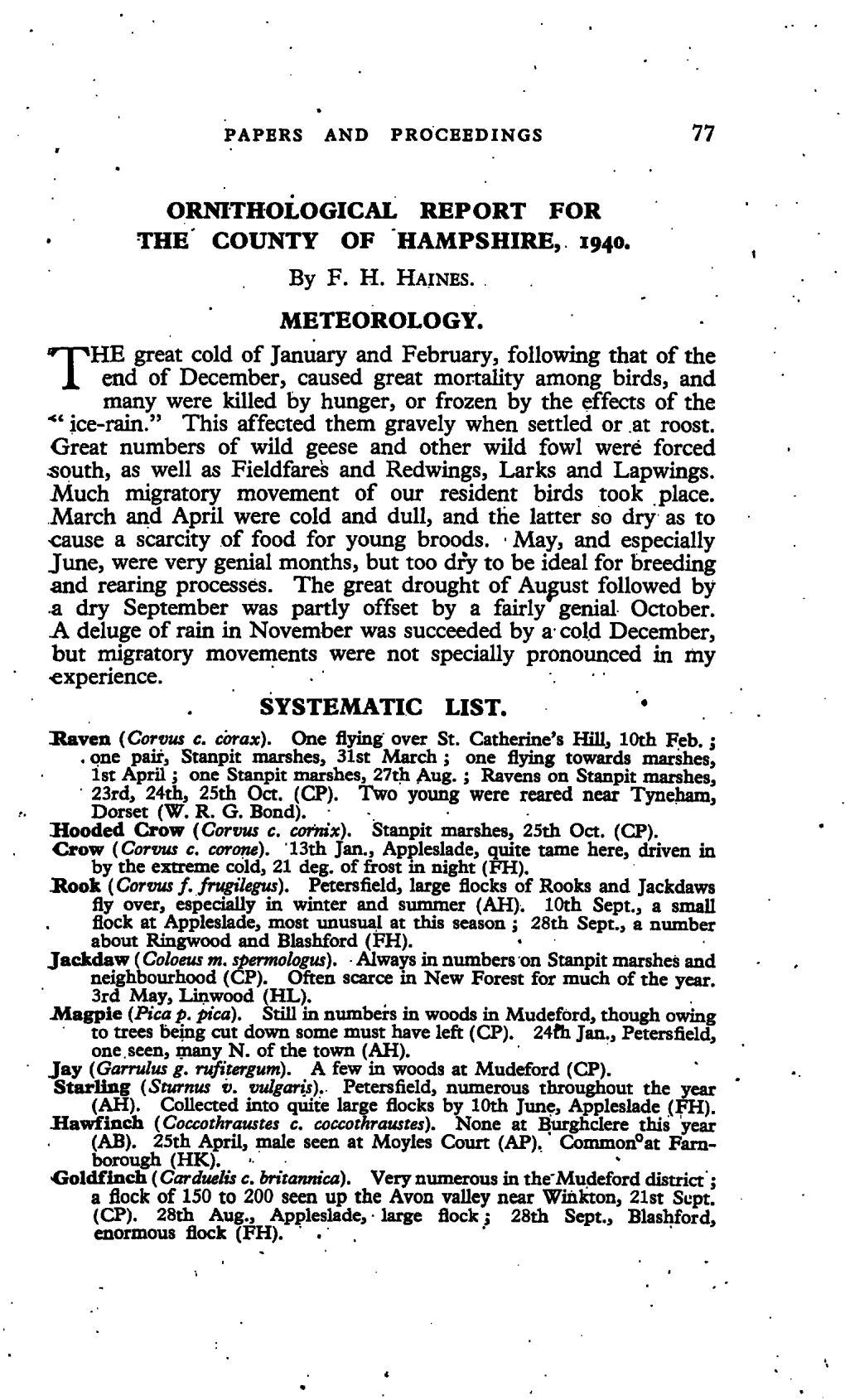 Ornithological Report for the County of Hampshire, 1940