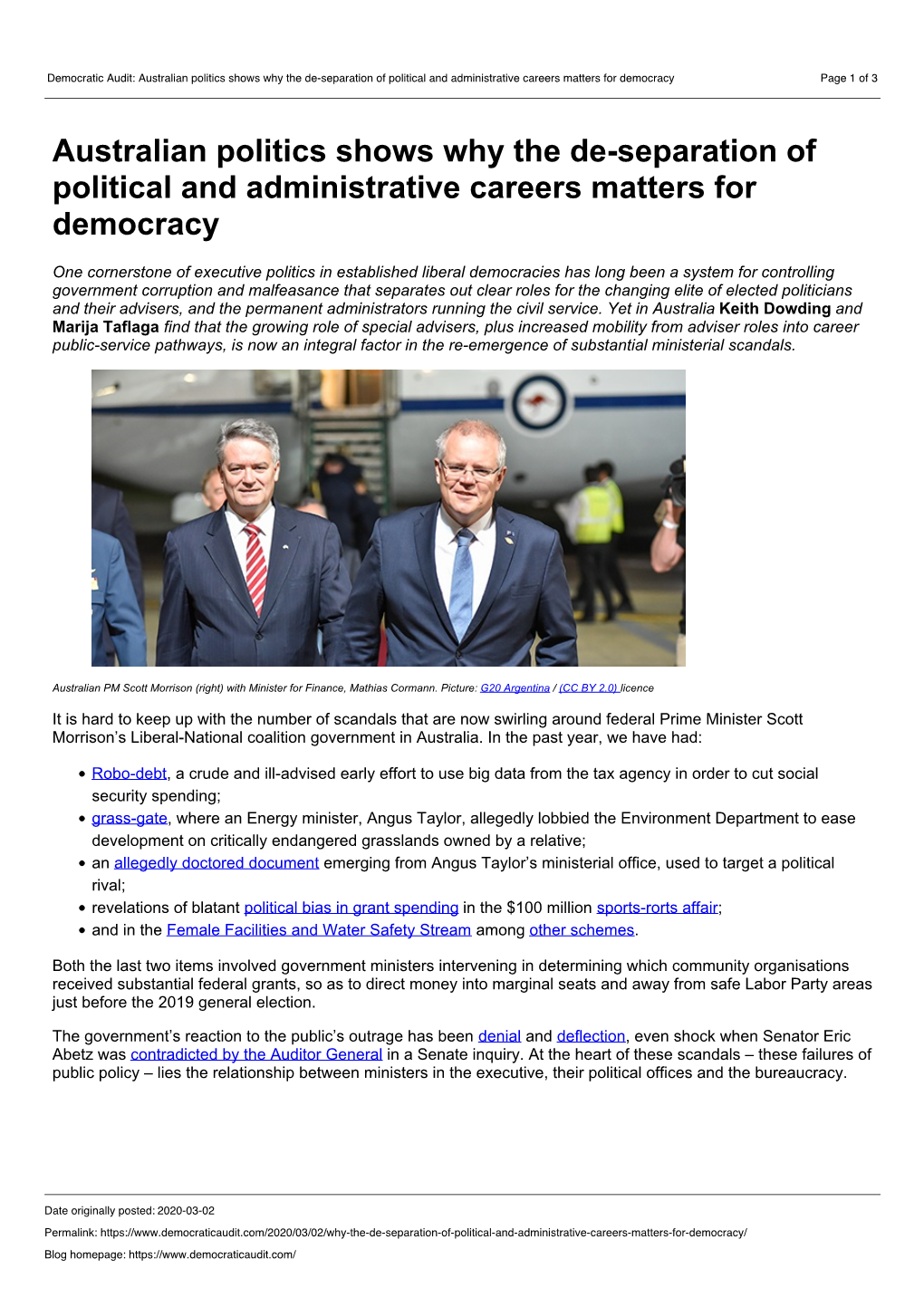 Democratic Audit: Australian Politics Shows Why the De-Separation of Political and Administrative Careers Matters for Democracy Page 1 of 3