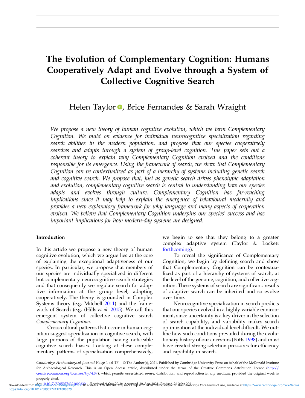 The Evolution of Complementary Cognition: Humans Cooperatively Adapt and Evolve Through a System of Collective Cognitive Search