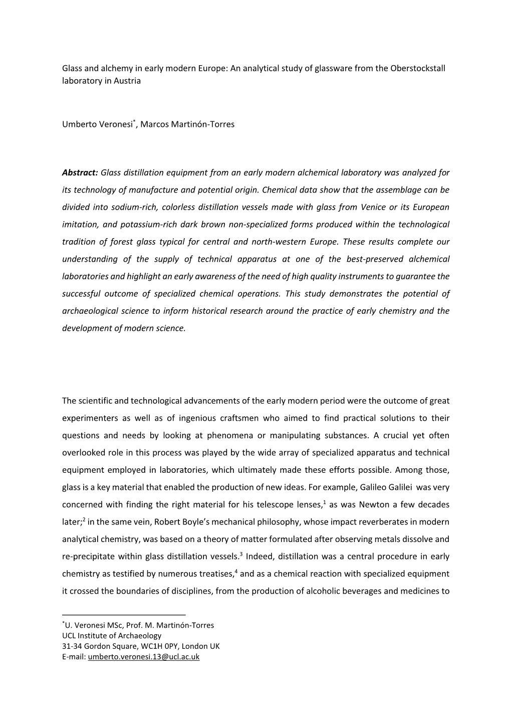 Glass and Alchemy in Early Modern Europe: an Analytical Study of Glassware from the Oberstockstall Laboratory in Austria