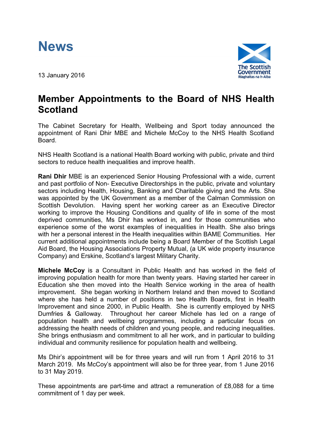 Member Appointments to the Board of NHS Health Scotland