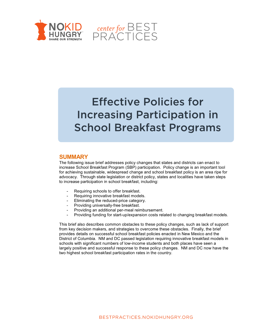 Effective Policies for Increasing Participation in School Breakfast Programs