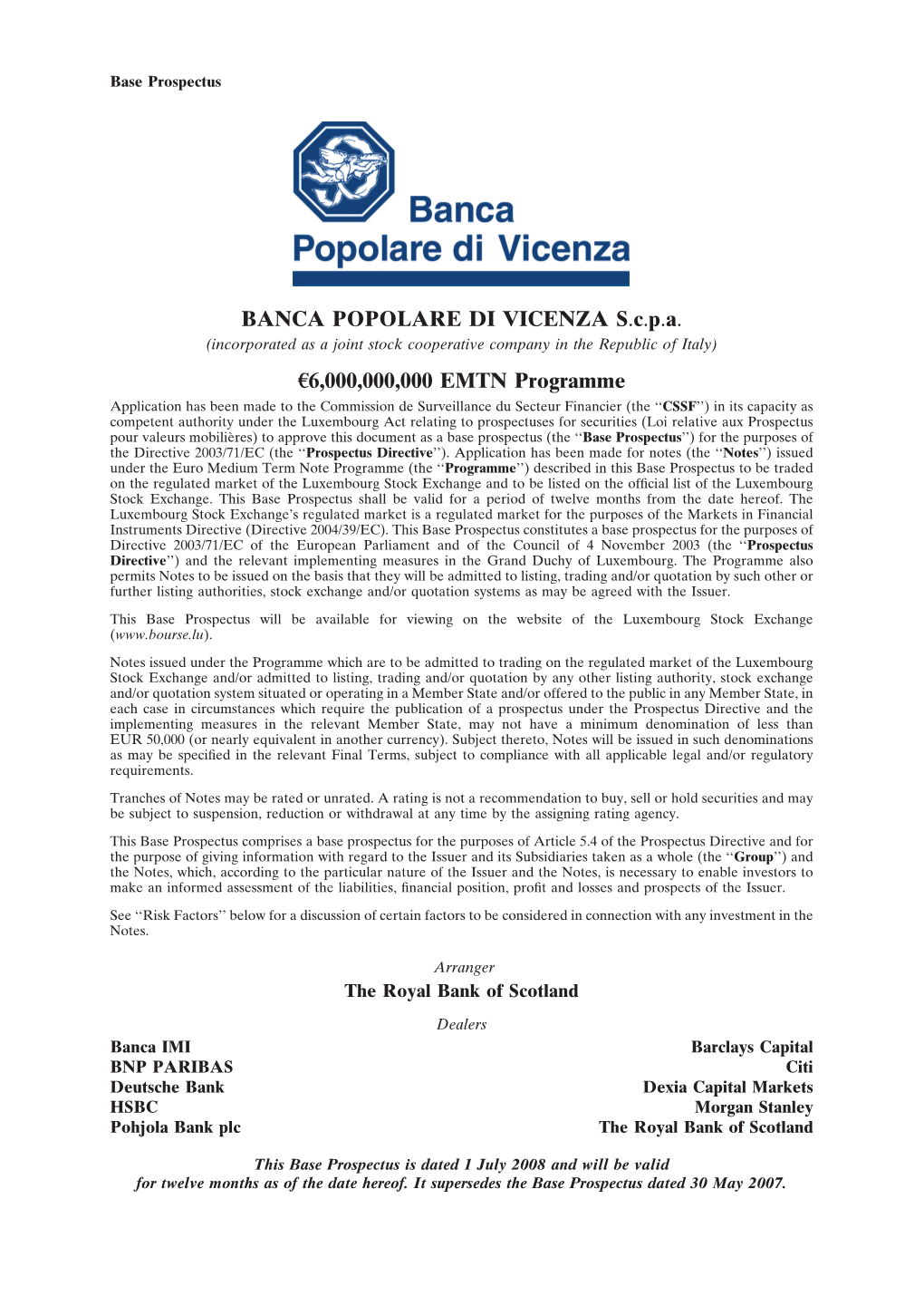 BANCA POPOLARE DI VICENZA S.C.P.A. C6,000,000,000 EMTN