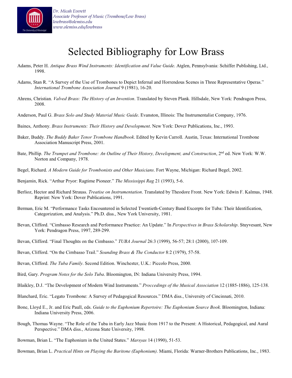 Selected Bibliography for Low Brass