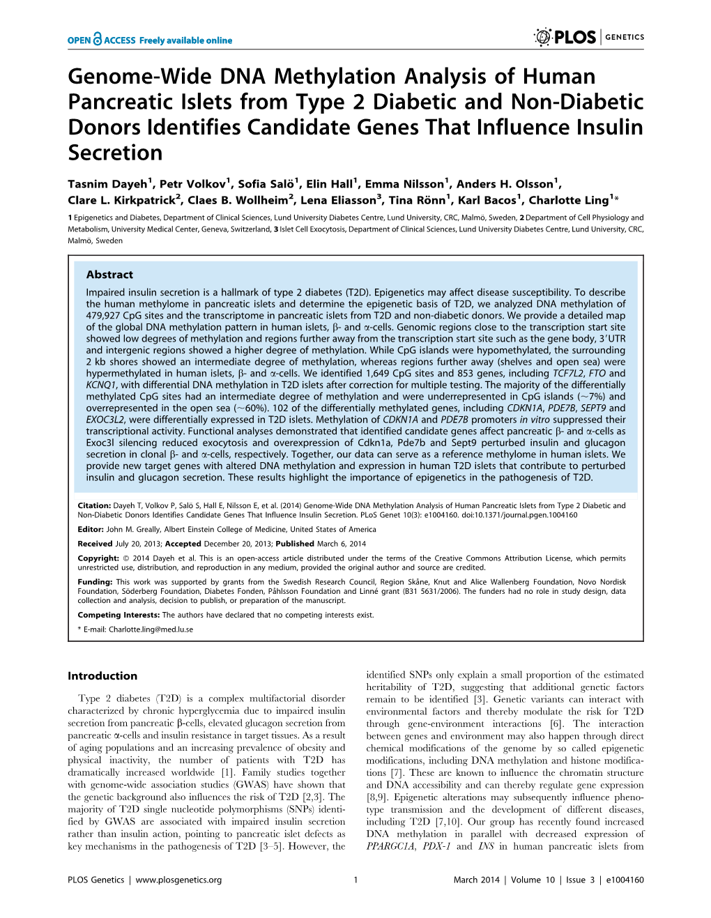 Genome-Wide DNA Methylation Analysis of Human Pancreatic Islets from Type 2 Diabetic and Non-Diabetic Donors Identifies Candidat