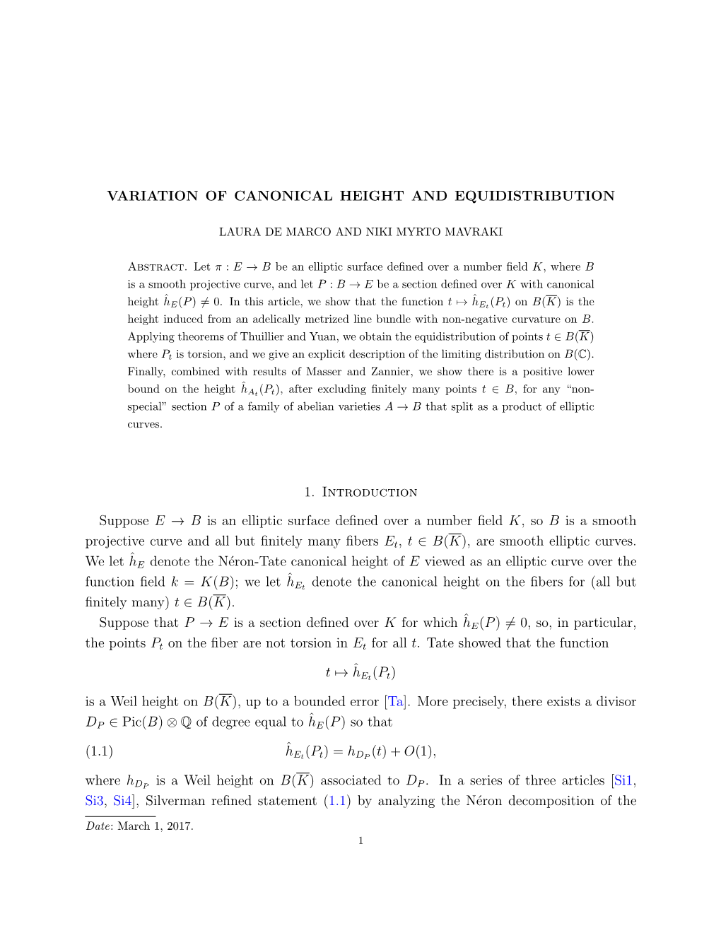 VARIATION of CANONICAL HEIGHT and EQUIDISTRIBUTION 10 Proposition 3.1