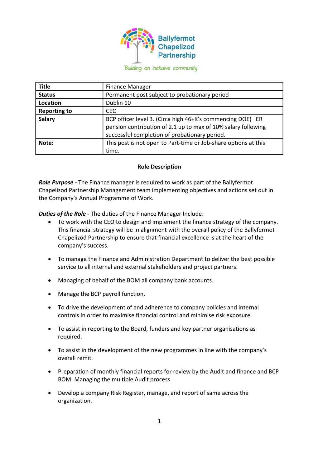 Duties of the Role - the Duties of the Finance Manager Include