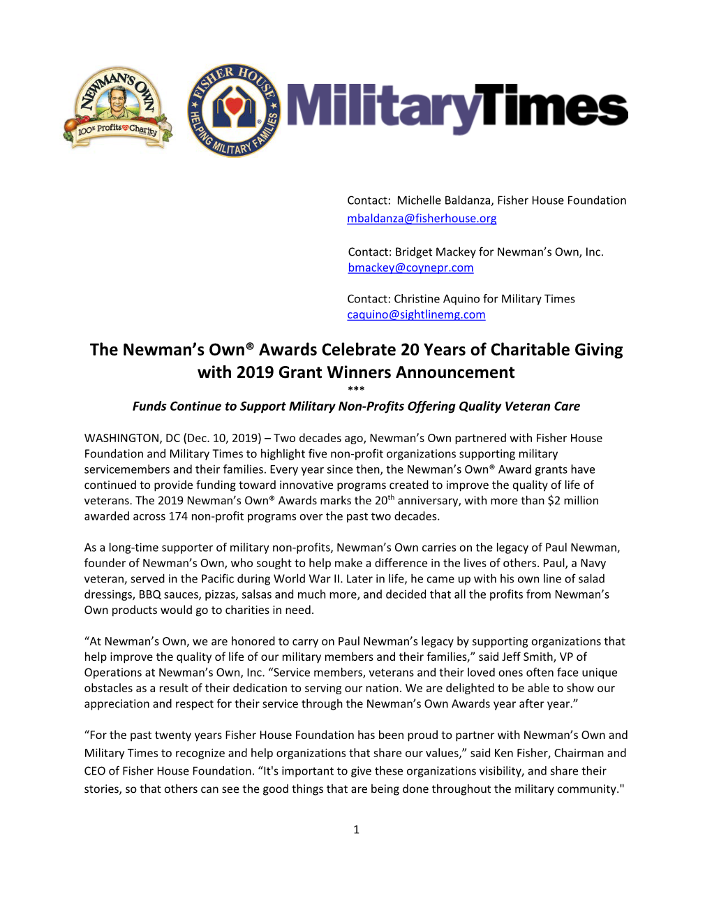 The Newman's Own® Awards Celebrate 20 Years of Charitable