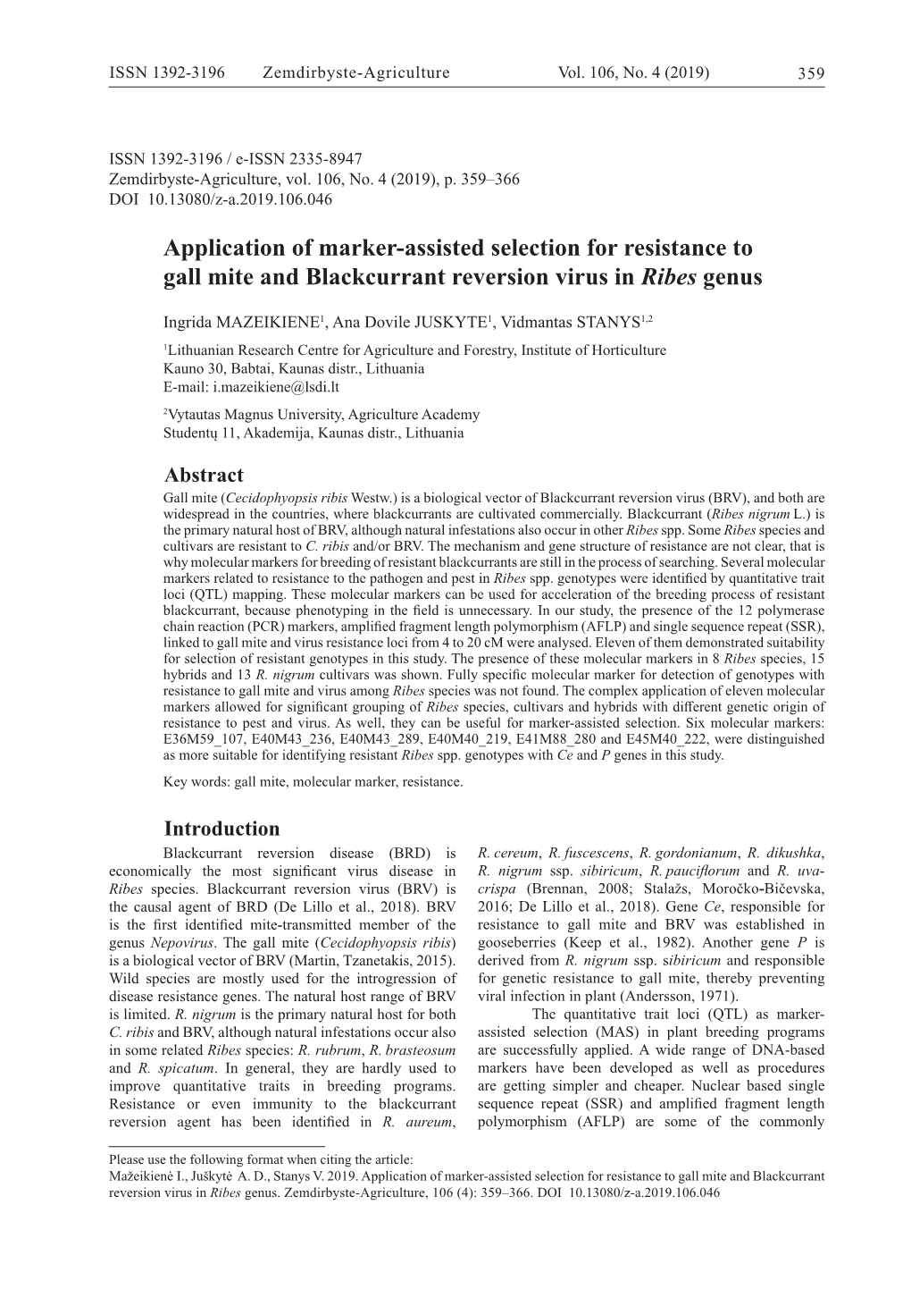 Application of Marker-Assisted Selection for Resistance to Gall Mite and Blackcurrant Reversion Virus in Ribes Genus