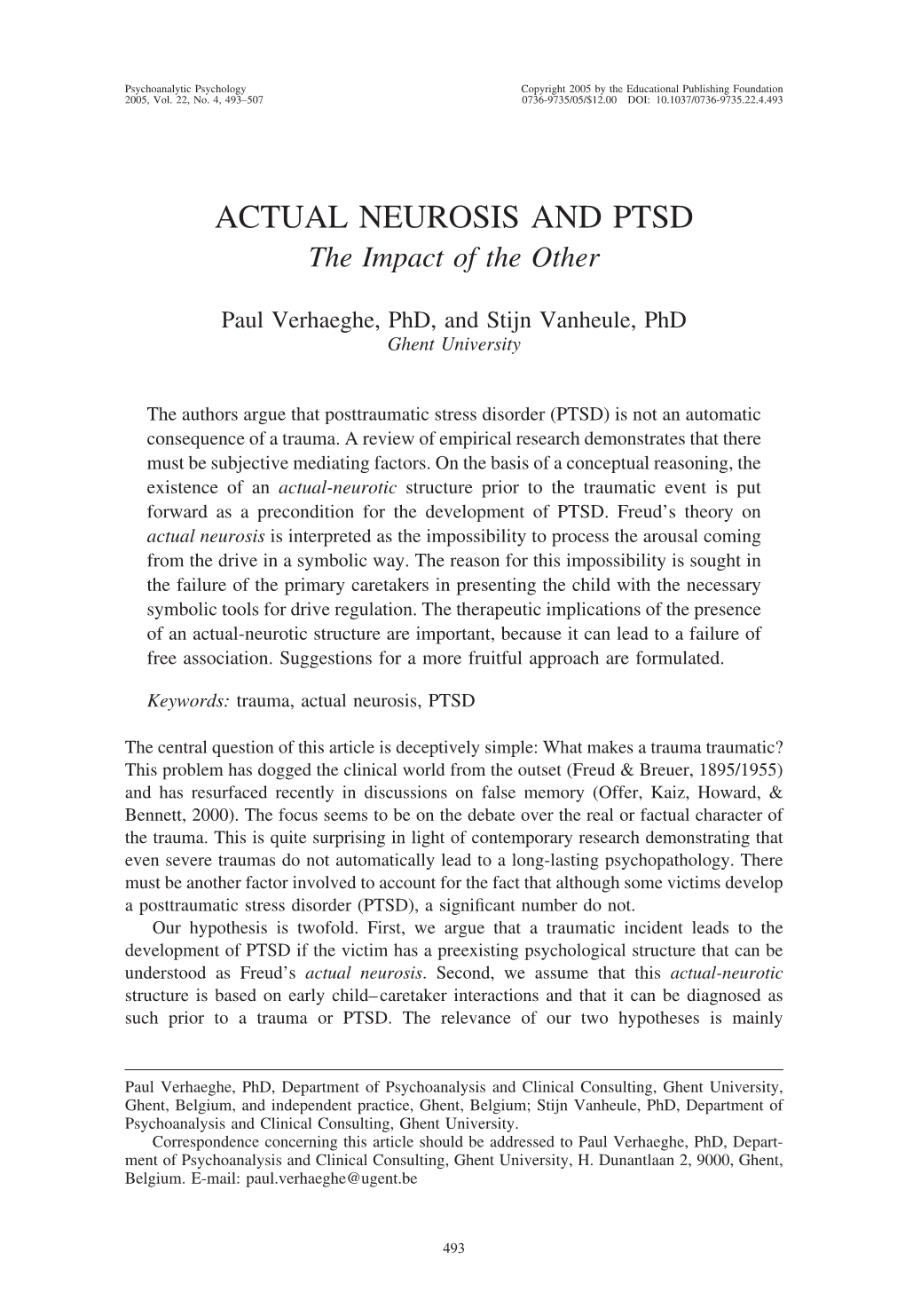 ACTUAL NEUROSIS and PTSD the Impact of the Other