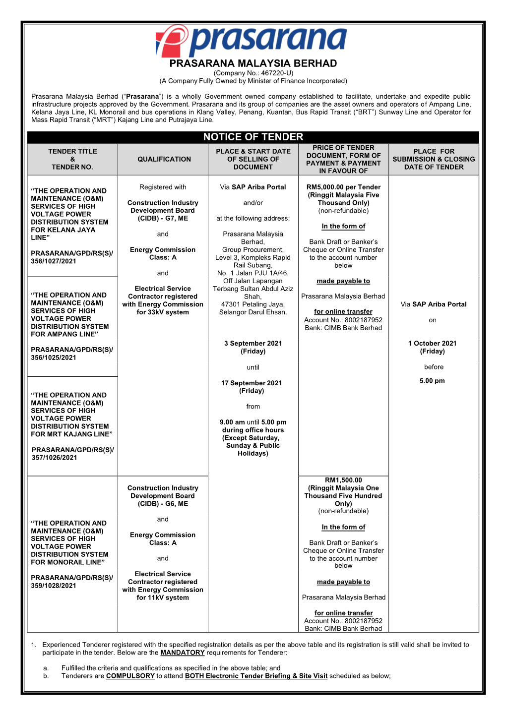 Prasarana Malaysia Berhad Notice of Tender