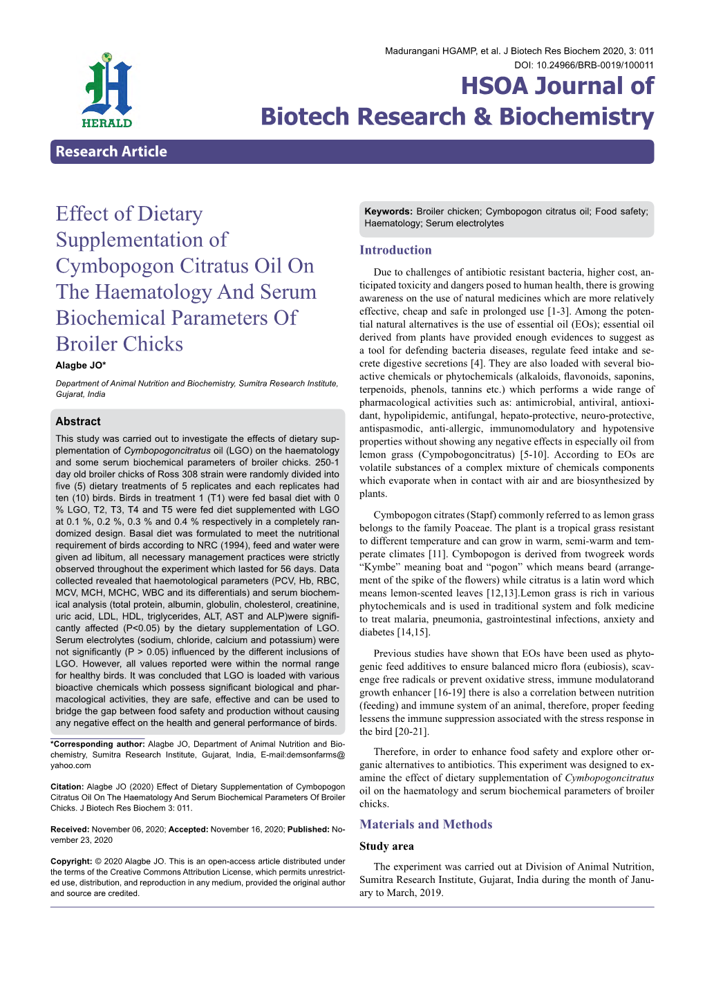 Effect of Dietary Supplementation of Cymbopogon Citratus Oil on the Haematology and Serum Biochemical Parameters of Broiler Chicks