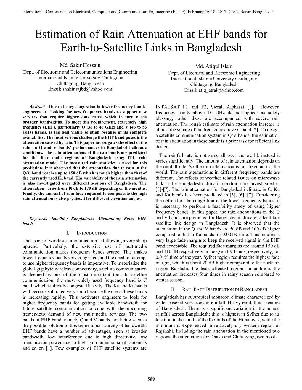 Estimation of Rain Attenuation at EHF Bands for Earth-To-Satellite Links In