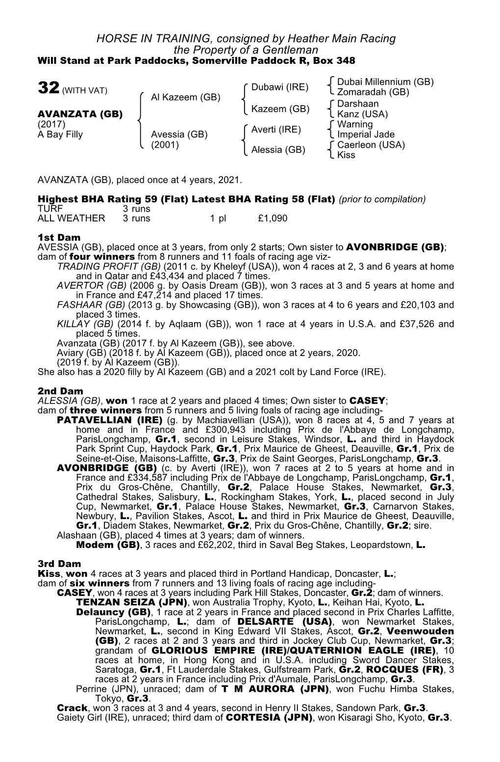 HORSE in TRAINING, Consigned by Heather Main Racing the Property of a Gentleman Will Stand at Park Paddocks, Somerville Paddock R, Box 348