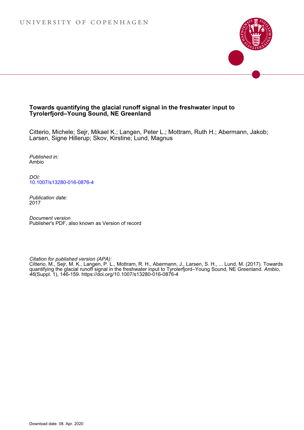 Towards Quantifying the Glacial Runoff Signal in the Freshwater Input to Tyrolerfjord–Young Sound, NE Greenland