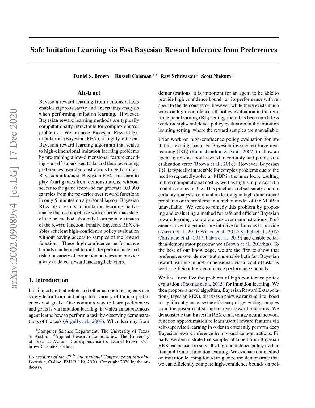 Safe Imitation Learning Via Fast Bayesian Reward Inference from Preferences