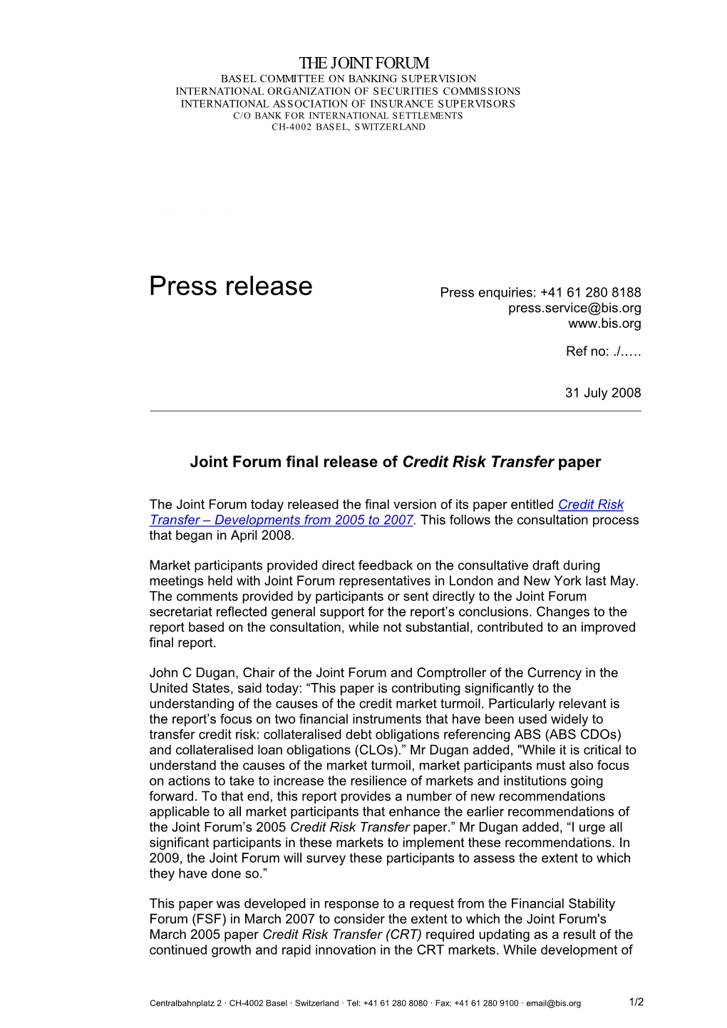 Joint Forum Final Release of Credit Risk Transfer Paper