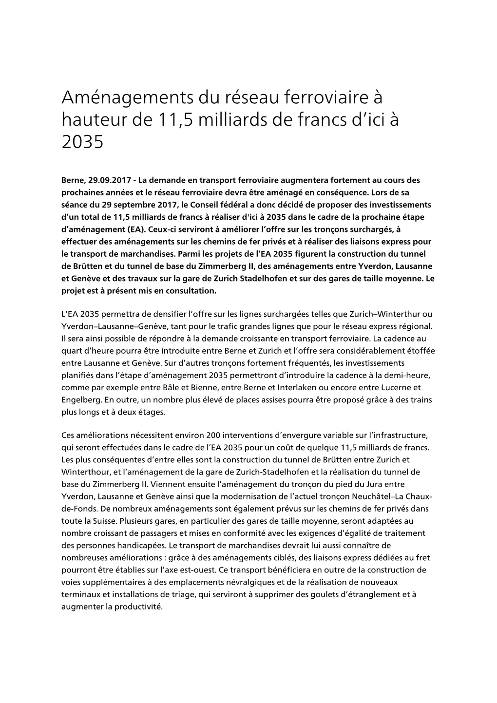 Aménagements Du Réseau Ferroviaire À Hauteur De 11,5 Milliards De Francs D'ici À 2035