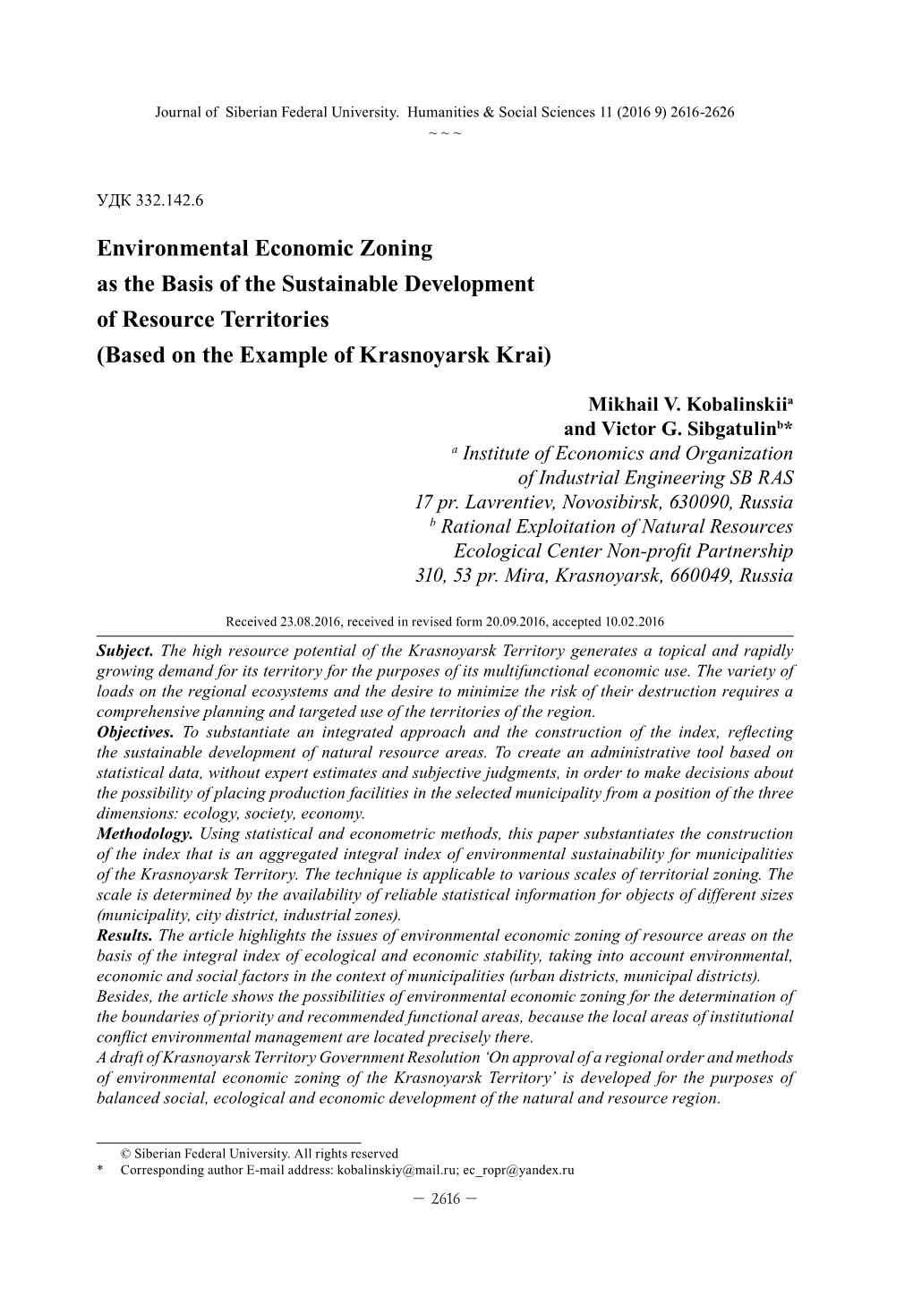 Environmental Economic Zoning As the Basis of the Sustainable Development of Resource Territories (Based on the Example of Krasnoyarsk Krai)