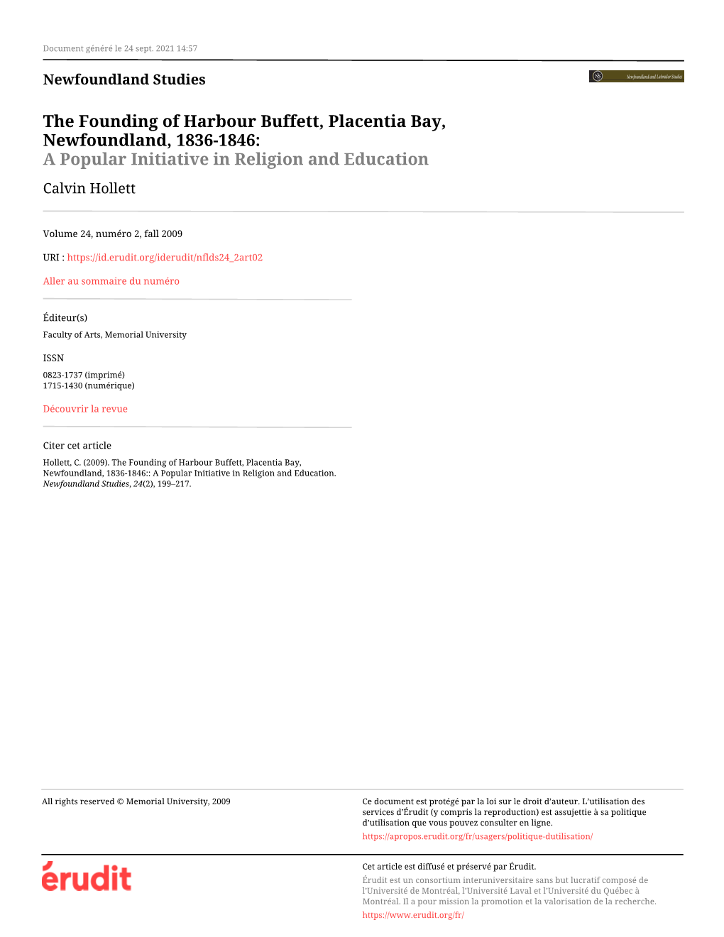 The Founding of Harbour Buffett, Placentia Bay, Newfoundland, 1836-1846: a Popular Initiative in Religion and Education Calvin Hollett