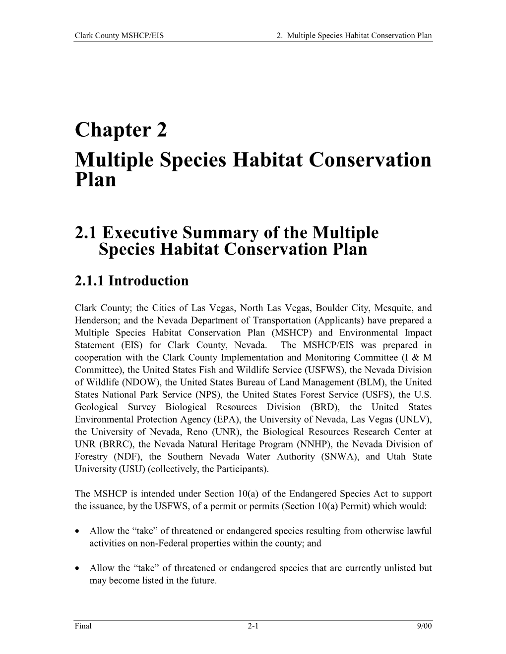 Chapter 2 Multiple Species Habitat Conservation Plan