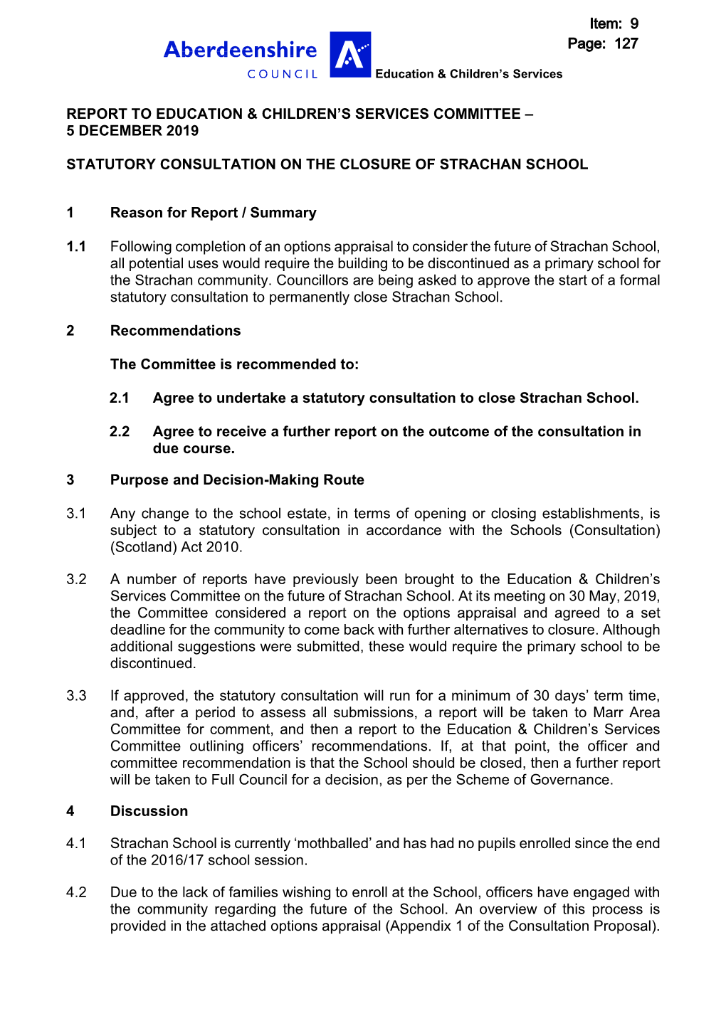 Statutory Consultation on the Closure of Strachan School