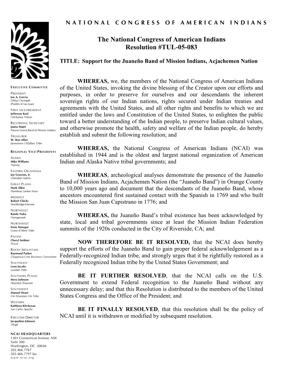 The National Congress of American Indians Resolution #TUL-05-083