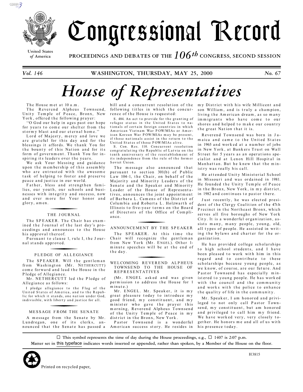 Congressional Record United States of America PROCEEDINGS and DEBATES of the 106Th CONGRESS, SECOND SESSION