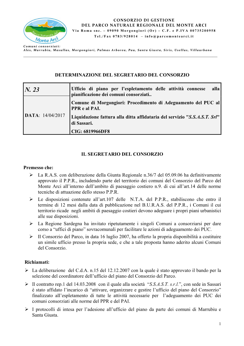 Determinazione Del Segretario Del Consorzio