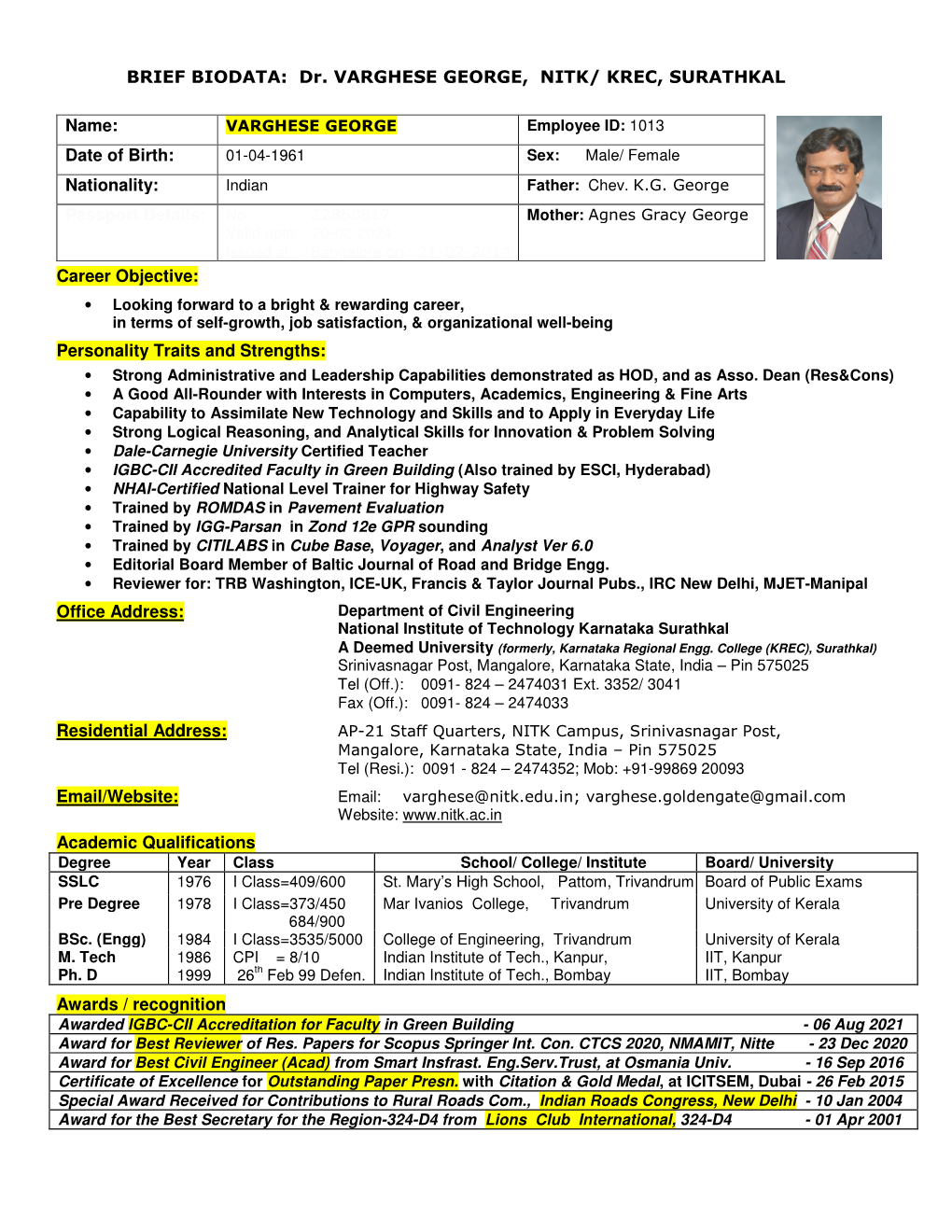 Dr. VARGHESE GEORGE, NITK/ KREC, SURATHKAL Name