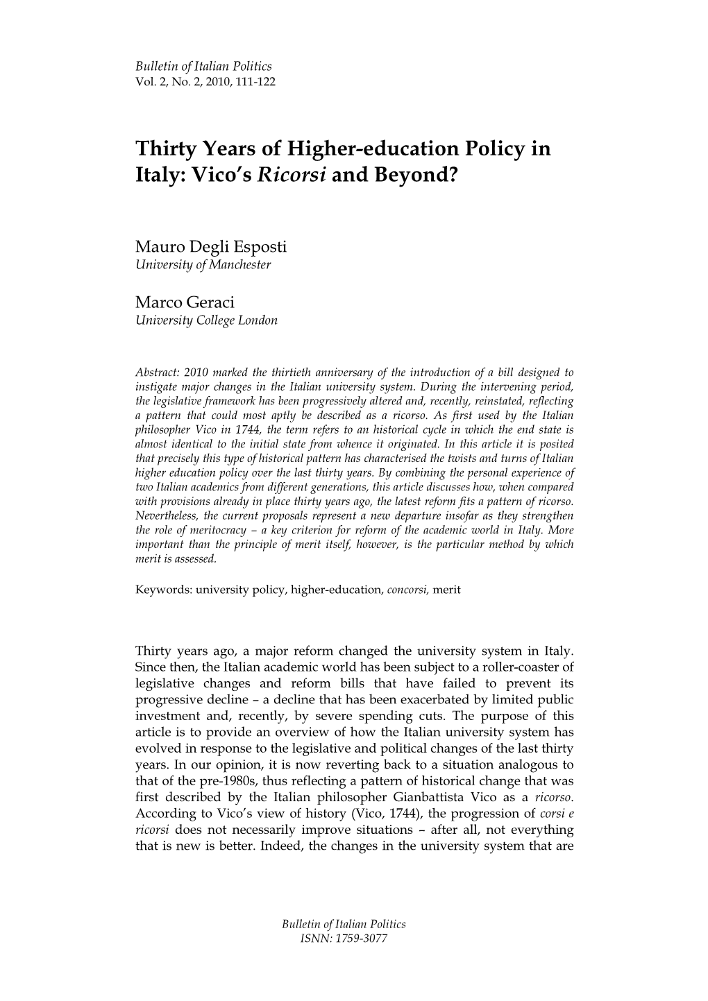 Thirty Years of Higher-Education Policy in Italy: Vico's Ricorsi And