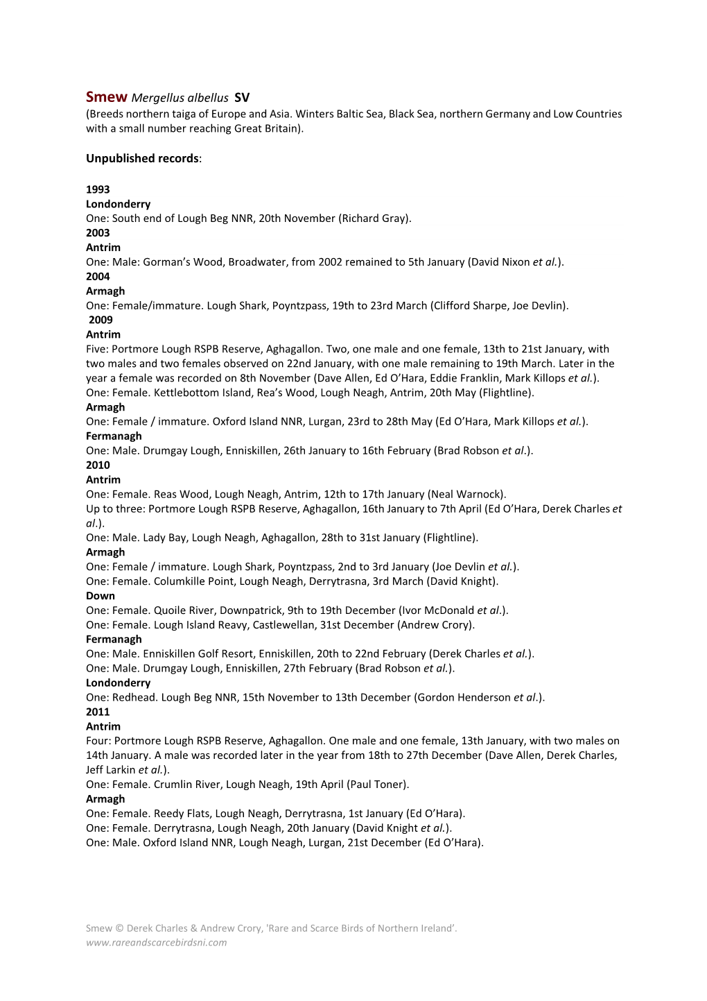 Smew Mergellus Albellus SV Unpublished Records