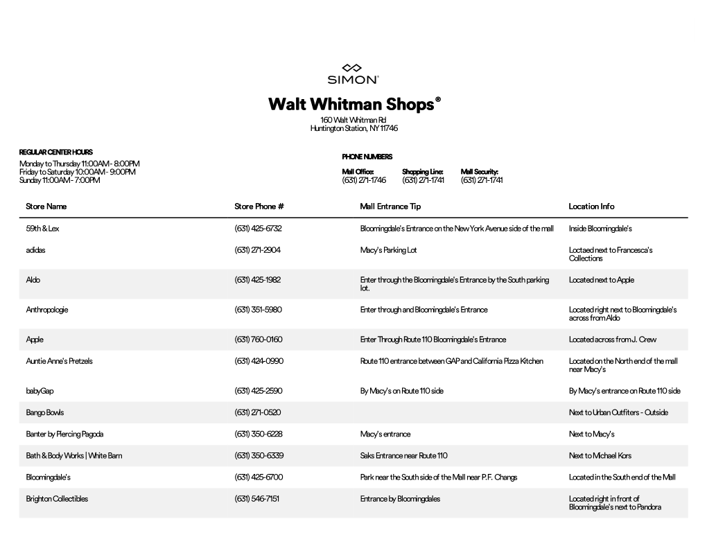 Complete List of Stores Located at Walt Whitman Shops