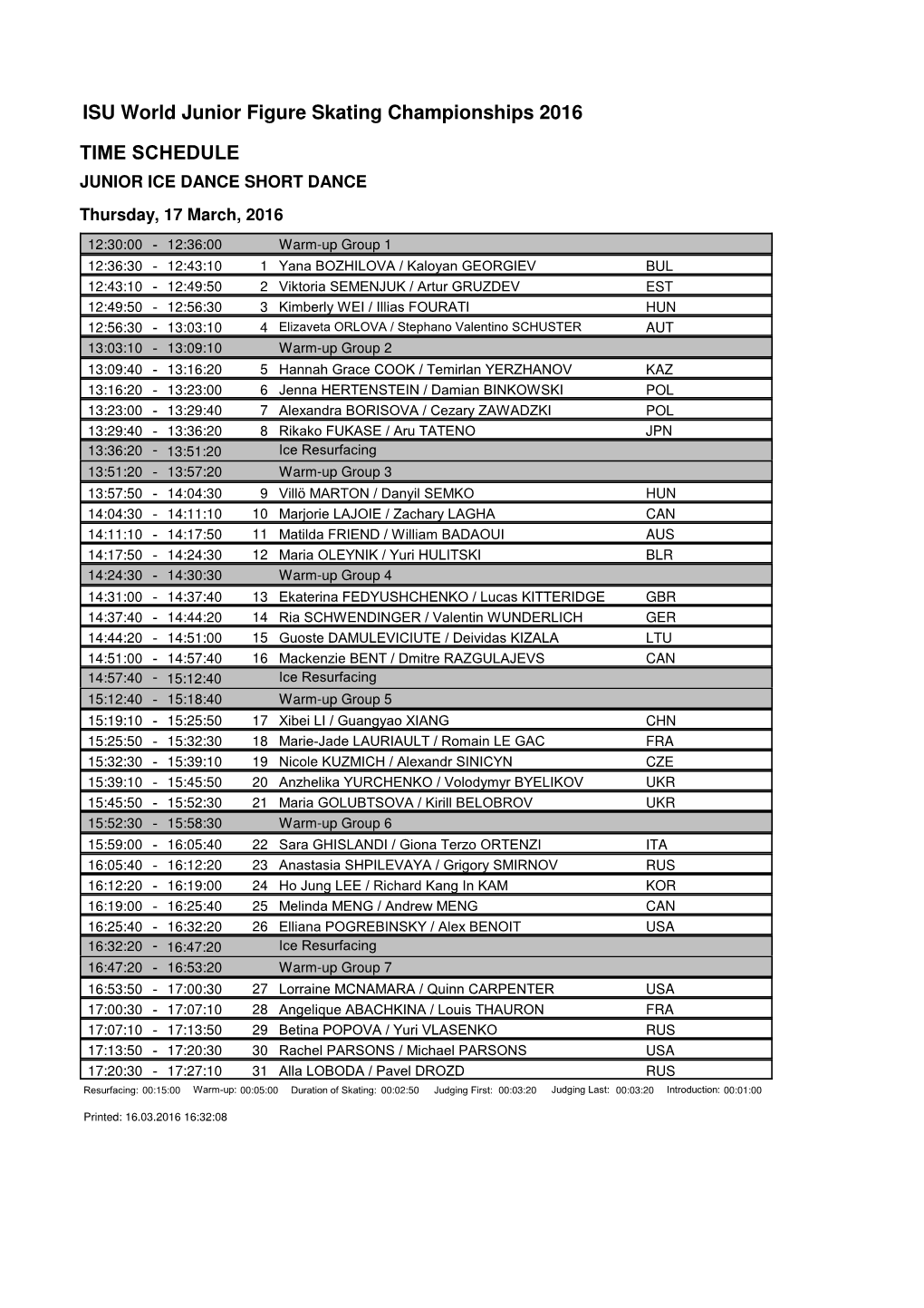 ISU World Junior Figure Skating Championships 2016 TIME SCHEDULE JUNIOR ICE DANCE SHORT DANCE Thursday, 17 March, 2016