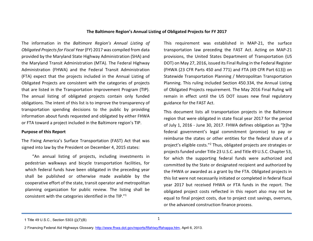 The Baltimore Region's Annual Listing of Obligated Projects for FY 2017